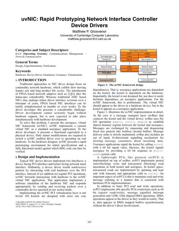 uvNIC: Rapid Prototyping Network Interface Controller Device Drivers